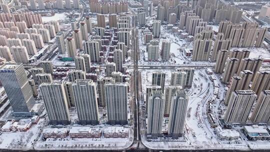 中国黑龙江哈尔滨现代住宅小区雪景航拍