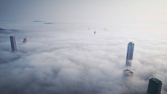 珠海横琴IFC澳门城市建筑群云海平流雾航拍