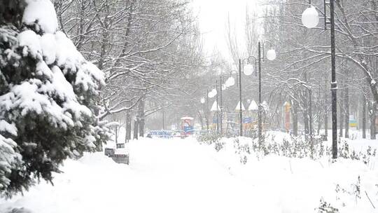 城市公园上空的降雪