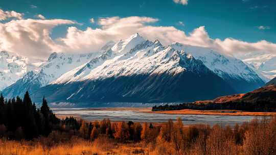 新疆雪山湖泊树林风景旅行背景