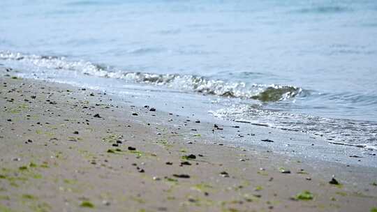 白天海边沙滩海浪浪花沙子特写慢动作