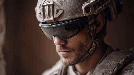 战术头盔下坚毅士兵的专注眼神特写