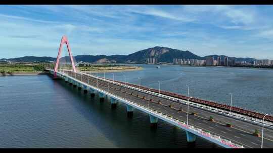 航拍福建厦门湾漳州港双鱼岛大桥开发建设