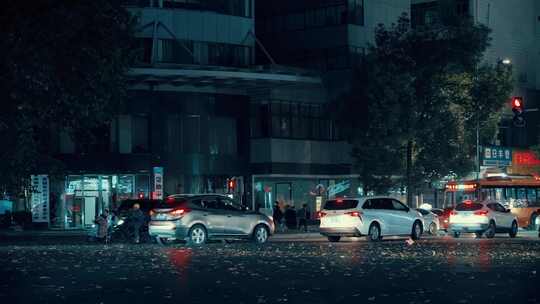 夜晚 汽车 街道 车流 落叶 秋天夜景