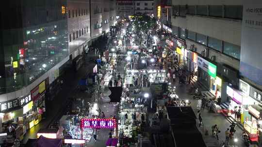 城市夜市步行街夜景人流航拍