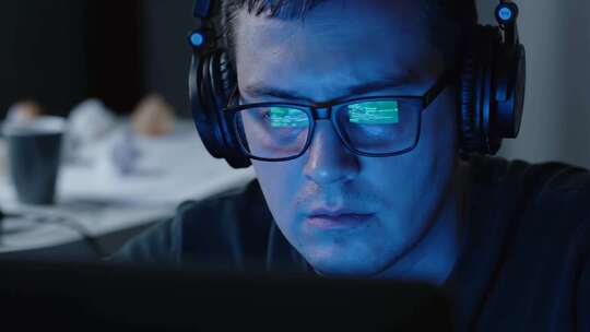 男人戴耳机专注看电脑画面
