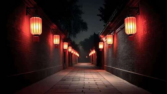 夜幕下的古老街巷红灯笼点亮