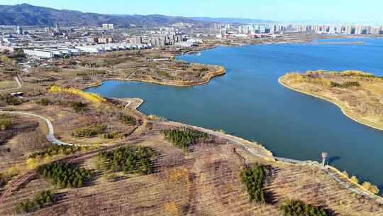 航拍山西太原晋阳湖西岸视频素材模板下载