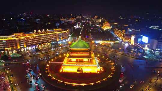 中国陕西西安钟楼高视角城市天际线夜景航拍