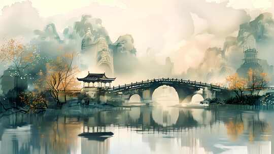 桥 水墨 插画