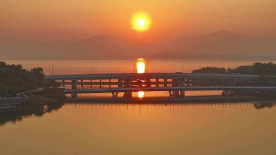 深圳湾南山区后海大桥清晨日出航拍