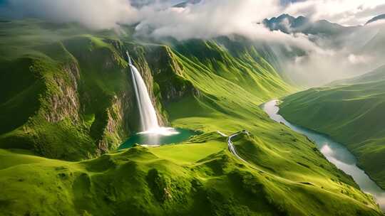 空中俯瞰山间瀑布河流美景