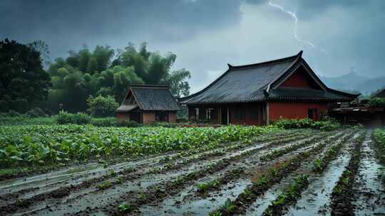 云雾缭绕中的特色古建筑及农田景观