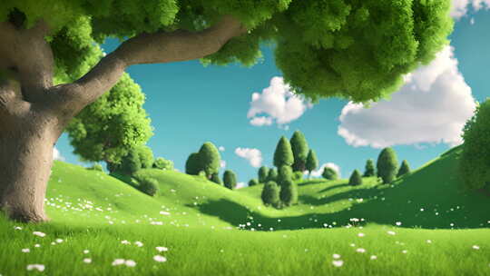 蓝天白云和草原上绿树
