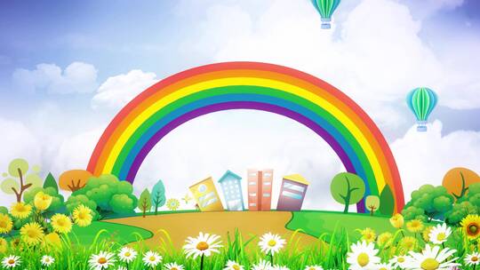 卡通彩虹气球鲜花草地背景视频