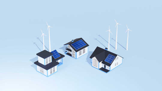 屋顶上的太阳能电池板，风力涡轮机。3D渲视频素材模板下载