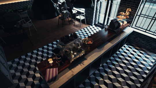 现代咖啡馆配有格子地板和长桌