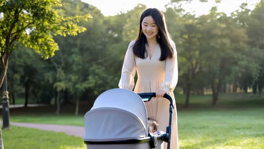 女子公园推婴儿车散步