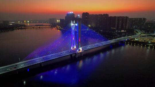 航拍广东潮州大桥夜景
