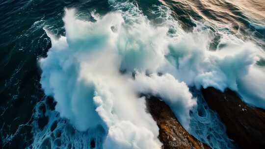 海浪拍打礁石俯瞰画面