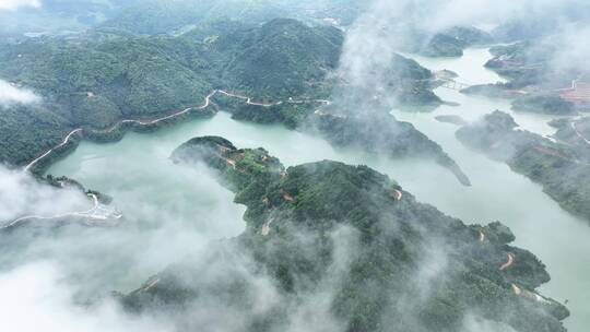 水库航拍大坝青山绿水清晨云雾缭绕湖泊乡村