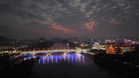 广西桂林夜景桂林解放桥夜景航拍