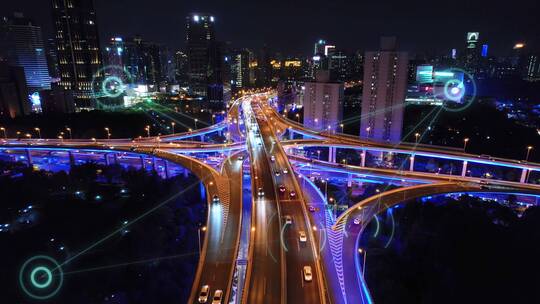航拍未来智慧城市和高架道路智慧交通夜景视频素材模板下载