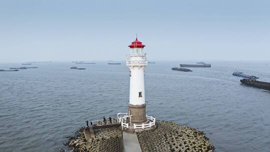 航拍上海吴淞口灯塔与长江海景