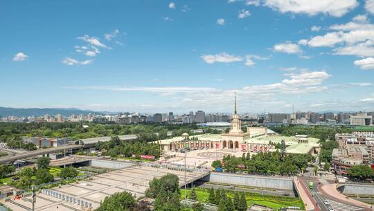 北京西城区地标展览馆夏季蓝天白云4K延时视频素材模板下载