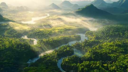 阳光照耀下的山川河流景观