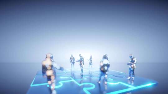 蓝色拼图上的虚拟人形角色展示