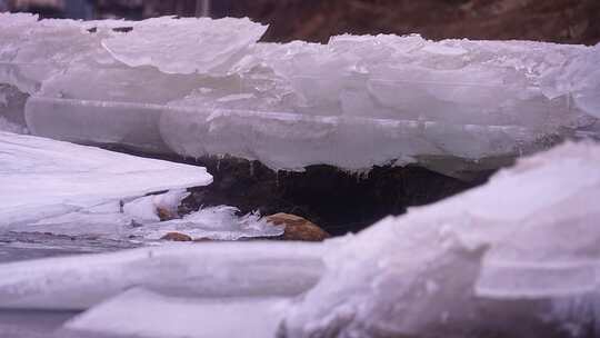 初春 冰雪融化 解冻 冰层 流水 融冰 河流