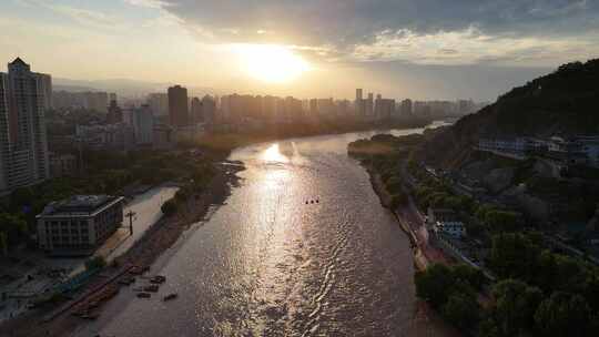 夕阳下的黄河第一桥中山桥航拍