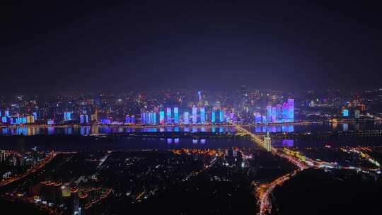 湖南长沙城市夜景湘江风光带航拍视频素材模板下载