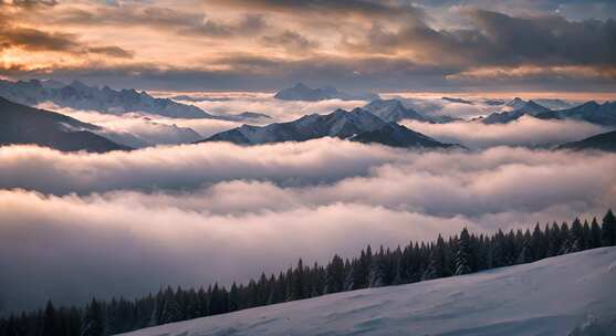 雪山云雾森林阳光树林远山峰大自然生态风景