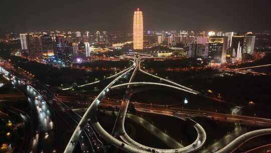 郑州市夜景航拍金水路立交桥城市交通夜晚金