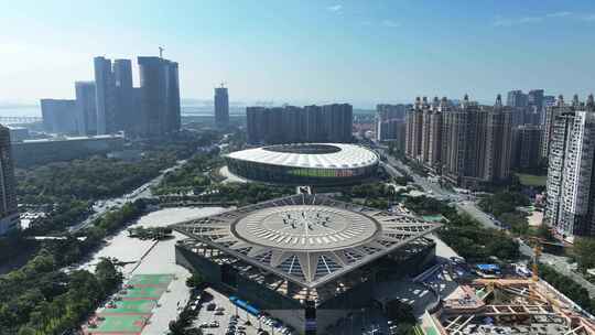 航拍深圳宝安区体育馆和体育场