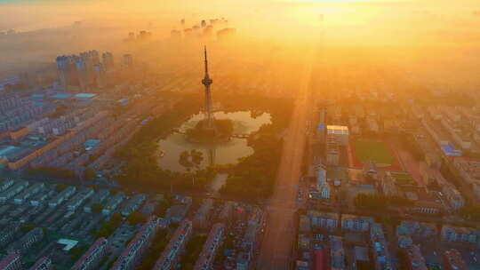 中国辽宁营口市西市区城市日出航拍