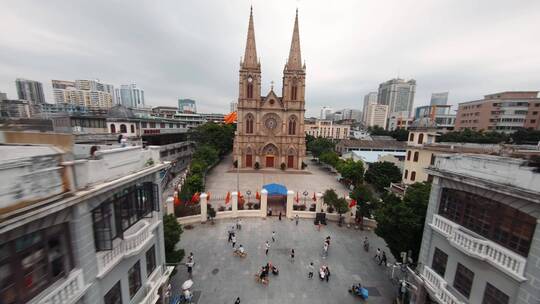 广州石室圣心大教堂FPV航拍视频素材模板下载
