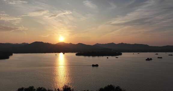 航拍杭州西湖日落美景