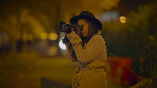 一位女艺术家摄影师带着她的相机在夜晚导航
