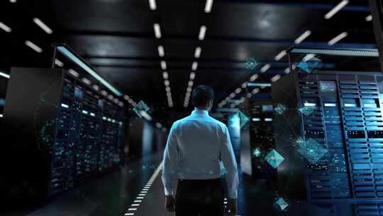 4K-男人在大数据机房操作全息图视频素材模板下载