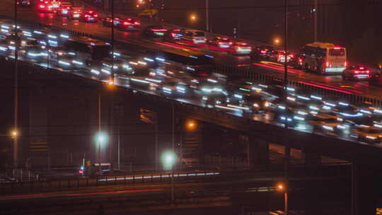 北京城市夜晚车流高架桥车流车辆