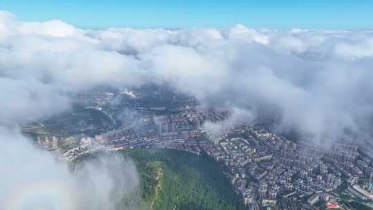 辽宁本溪城市建筑航拍蓝天与云海