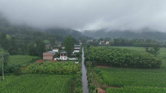 雨后云雾缭绕的小乡村