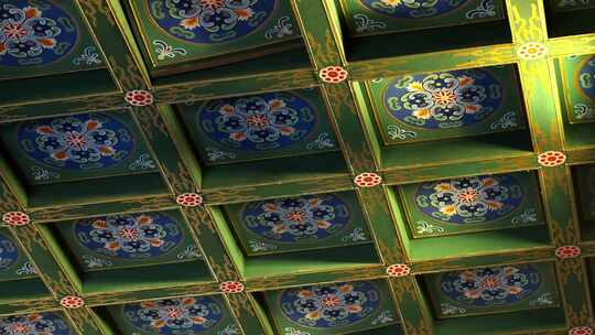 中式风格花纹的木质房屋顶部空镜