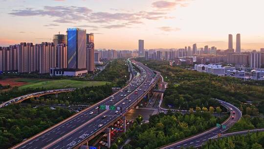 杭州萧山市北板块现代城市风光夕阳航拍