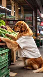 萌宠金毛犬在菜市场买菜回家做饭