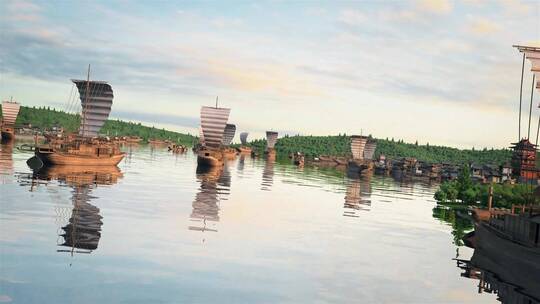 古代商船穿梭河道三维场景