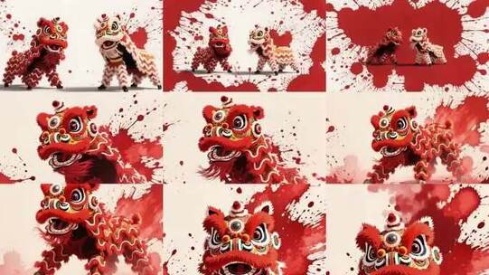 喜庆舞狮表演，红色水墨晕染背景素材高清在线视频素材下载